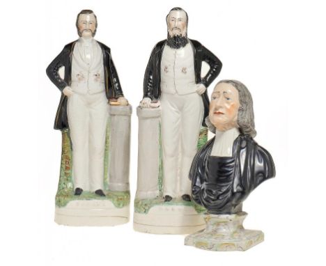 A PAIR OF STAFFORDSHIRE EARTHENWARE FIGURES OF DWIGHT LYNAM MOODY AND IRA D SANKEY, SAMPSON SMITH, C1873 AND A LATER STAFFORD