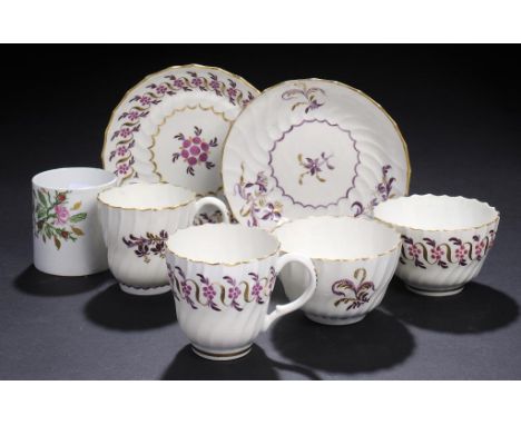 TWO FLIGHT SHANKED TRIOS, 1783-92 AND A BARR, FLIGHT & BARR INITIALLED COFFEE CAN, C1812  saucers 13.5cm diam, painted Flight