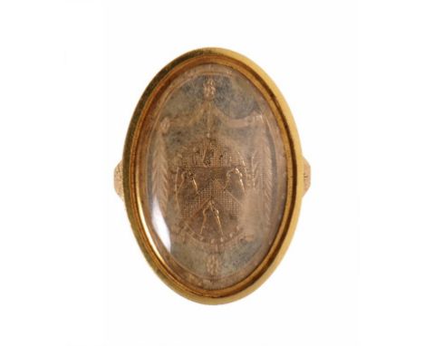 A FINE ENGLISH GOLD TESTIMONIAL RING, DATED 1782 with engraved oval gold shield and arms in bright cut bezel, the back engrav