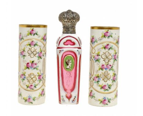 A SILVER MOUNTED OVERLAY GLASS SCENT BOTTLE AND A PAIR OF WHITE OVERLAY GLASS SPILL VASES, C1880 enamelled with a classical p