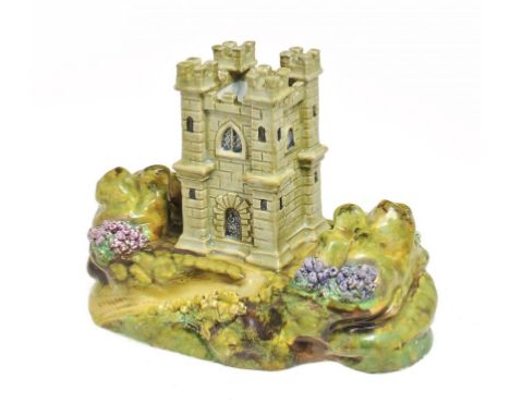 A STAFFORDSHIRE EARTHENWARE SPILL HOLDER IN THE FORM OF A BELVEDERE, C1820 with overglaze enamel painted decoration, 12.5cm h