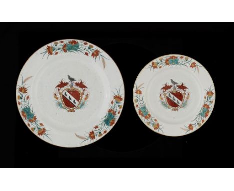 TWO GRADUATED CHINESE EXPORT PORCELAIN ARMORIAL DISHES, C1746 enamelled with the arms of  Bookey,  29 and 38cm diam From one 