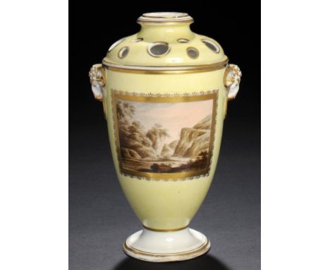 A DERBY YELLOW GROUND VASE AND PIERCED COVER, OUTSIDE DECORATED, POSSIBLY AT MANSFIELD, C1799-1802 the vase painted in warm b