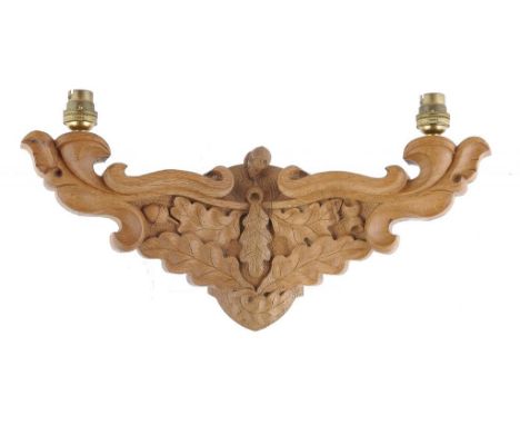 A ROBERT 'MOUSEMA' THOMPSON CARVED OAK WALL LIGHT, C1975  45.5cm w, carved mouse 'signature' ++In fine condition