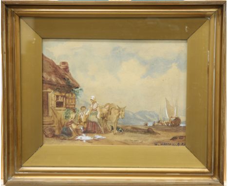 ATTRIBUTED TO WILLIAM WESTALL (1781-1850),&nbsp;FIGURES AND A DONKEY OUTSIDE A COTTAGE,&nbsp;signed W. Westall ARA, watercolo