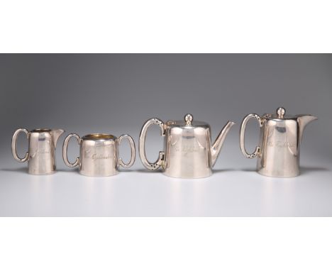 A WALKER &amp; HALL 4 PIECE 'HOTEL' PATTERN TEA SERVICE, engraved 'The Highlanders', the plate unworn; a 1971 porcelain Eau d
