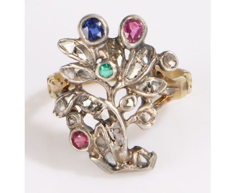 Diamond, sapphire, emerald and ruby ring, the head modelled as flowers and petals, ring size M, 3.9g