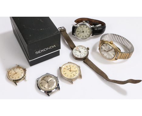 Gentlemans wristwatches, to include a modern Sekonda automatic, Timex, Services, silver cased trench style wristwatch etc. (6