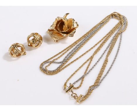 Christian Dior floral brooch, pair of earrings, three strand necklace (3)