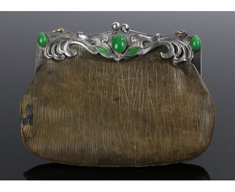 Art Nouveau purse, with a scrolling white metal top with clips and green jade effect cabochon cut stones
