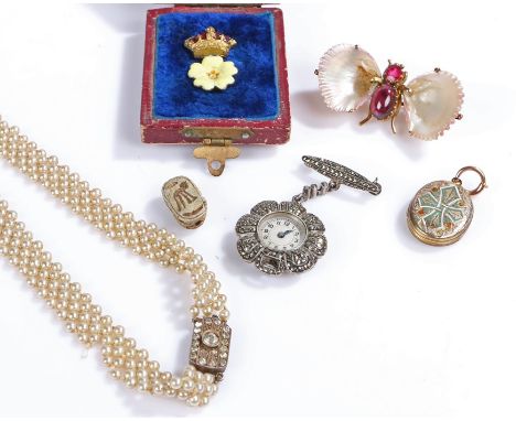 jewellery to include pearl necklace, insect form brooch with shell wings, locket, watch, scarab beetle, enamelled crown and f