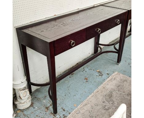 BEN WHISTLER CONSOLE TABLE, 140cm W x 87cm H x 52cm D with three drawers having polished nickel ring pulls and sabots. 