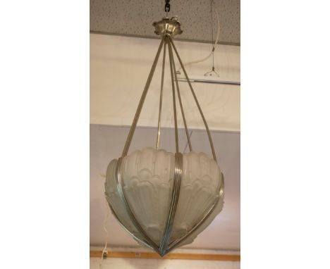 HANOTS CEILING LIGHT, 96cm H x 42cm, Art Deco chrome with a decorative opaque glass shade and three lights. 