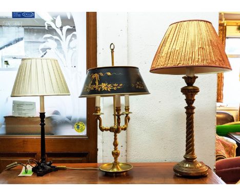 BOUILOTTE LAMP, with a tole shade 75cm H, a giltwood lamp with a pleated shade 80cm H and a small metal column lamp with ivor