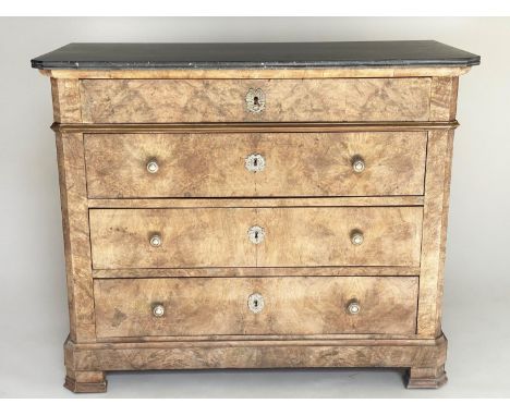 COMMODE, 111cm W x 52cm D x 91cm H, 19th century French Napoleon III walnut, marble top above four long drawers and silvered 