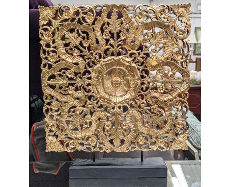 DECORATIVE PANEL ON STAND, gilt finish, 60cm H. 