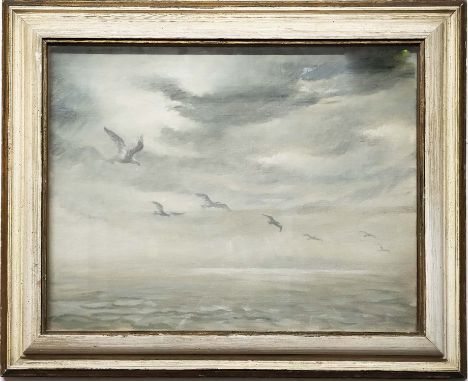 20TH CENTURY SCHOOL, 'Seascape with flight of birds', oil on canvas, 40cm x 50cm, framed. 