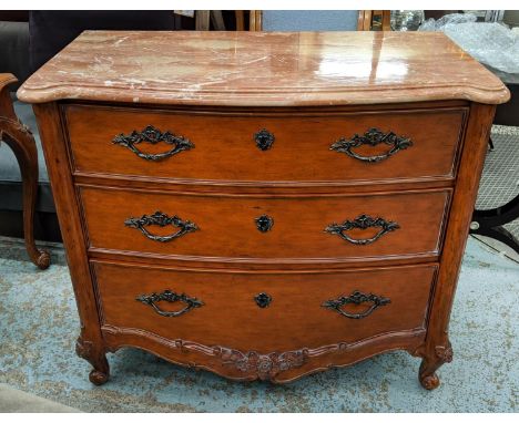 AND SO TO BED COMMODE, 107cm x 54cm x 100cm H, with a marble top and three drawers and a bedside chest to match 65cm W. (2) 