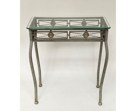 CONSOLE TABLE, 66cm W x 33cm D x 76cm H, Spanish style, moulded edge glass top, on wrought iron and parcel gilt support. 