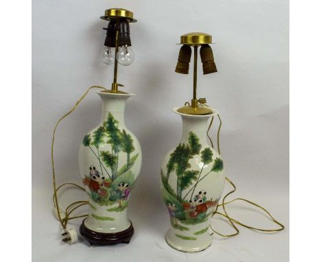 TABLE LAMPS, 69cm - 89cm H, a pair, Chinese ceramic of vase form with height adjustable light fittings. (2) 