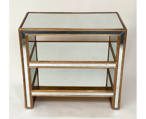OKA CONSOLE/SHELVES, Versailles mirrored with two shelves and gilt banding, 77cm W x 41cm D. 