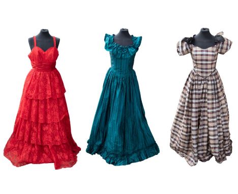 A collection of ballgowns to include: a red lace tiered gown from the late 1950s/early 1960s, size 12, from Violet York of Lo