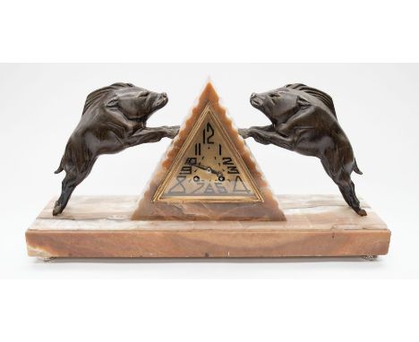 Art Deco marble mantle clock with triangular face with wild boar detailing