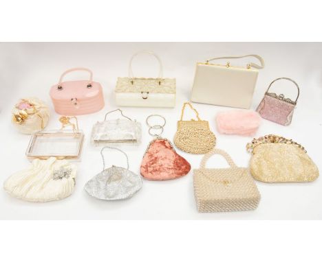 A collection of bags to include: an envelope-style perspex bag with metal shoulder strap and a pink fluffy make-up bag inside