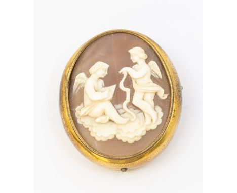 A 19th century shell cameo brooch depicting cupid, gilt setting with picture locket reverso  inset with an ambrotype image of