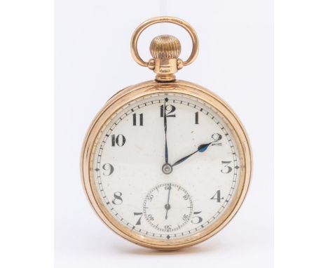 A 9ct gold open faced pocket watch, comprising a white enamel dial with Arabic indices, subsidiary dial at 6, keyless wind, c