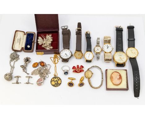 A collection of jewellery to include an early 20th century silver cased wristwatch with enamel dial, Arabic hour markers, sub