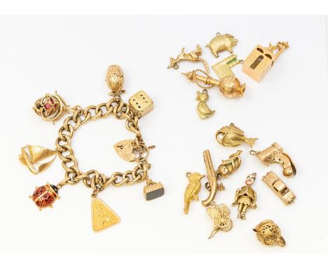 A 9ct gold charm bracelet, comprising textured links and a padlock clasp, link width approx 9mm, suspending seven gold and ye