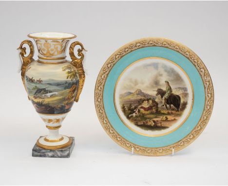 A 19th Century K&amp;B Worcester plate turquoise and gilt detail with Scottish hunting scene, along with 18th Century Chamber