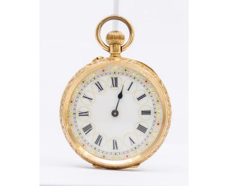 An 18ct gold ladies open faced pocket watch, comprising a white enamel dial with numeral indices, leaf decoration to edges, k