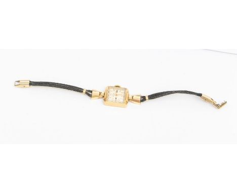 A ladies vintage 14ct gold Lady Elgin wristwatch, comprising a rectangular cream dial with applied gilt Arabic hour markers, 