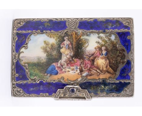 A late 19th Century Continental 800 standard silver, enamel and gilt casket shaped snuff box, the cover pastoral scene with 1