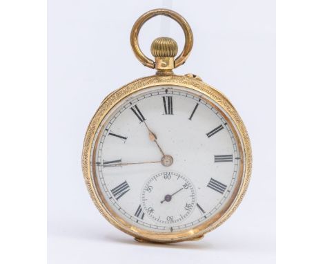 A 18ct gold open faced ladies pocket watch, comprising a white enamel dial with Arabic indices, subsidiary dial at 6, keyless