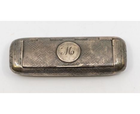 A George III silver oblong snuff box, engraved zig zag decoration to entire, the cover set with circular cartouche engraved w