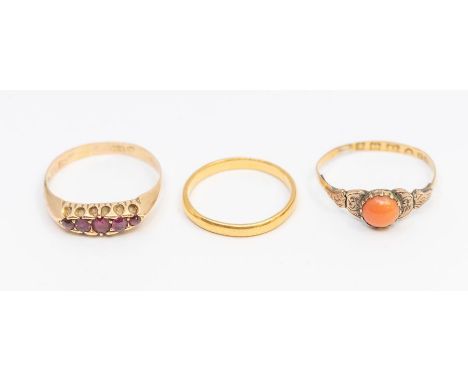 A collection of three rings to include a narrow 22ct gold wedding band, size L1/2, weight approx 1.9gms along with an early 2