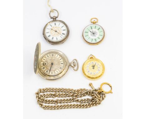 A collection of various pocket watches to include a ladies enamel and gold cased open faced pocket watch, with green and whit