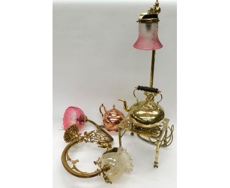 A collection of metal-ware to include; a brass standing table light with a frosted cranberry glass shade (electric conversion
