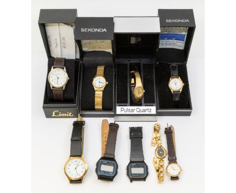 A collection of wristwatches to include two ladies gold plated Sekonda wristwatches, a ladies plated Lorus and Pulsar and oth