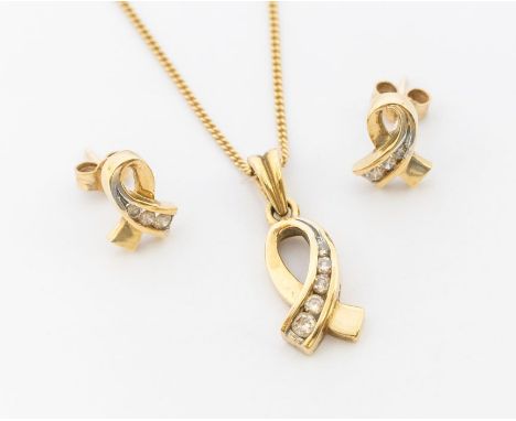 A diamond set 9ct gold set, comprising a ribbon shaped pendant channel set with  tapering round brilliant cut diamonds, with 