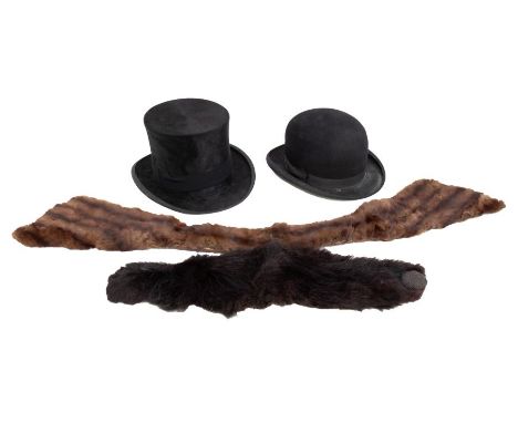 A black silk top hat, 1940s/early 1950s, 21cms inside head; together with a black bowler hat, 1950s, by Snowdens of Nottingha