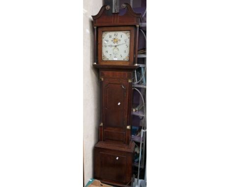 A late 18th Century 30hr longcase clock in oak and mahogany case, square painted floral dial with Arabic numerals, column sup