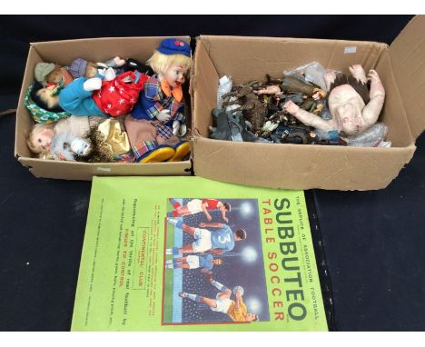 A Subbuteo table soccer set in green box (incomplete), along with one box of various 20th/21st century dolls and a box of mod