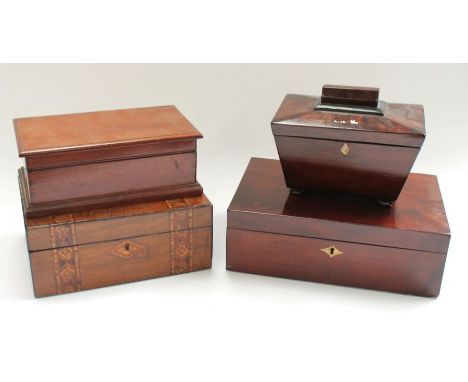 A collection of treen to include a jewellery box, tea caddy, writing box, Tunbridge writing box (AF) (AF = As found) 