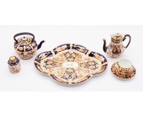 Royal Crown Derby, early 20th century vintage miniature coffee set comprising a kettle, coffee pot, coffee can and saucer, ca