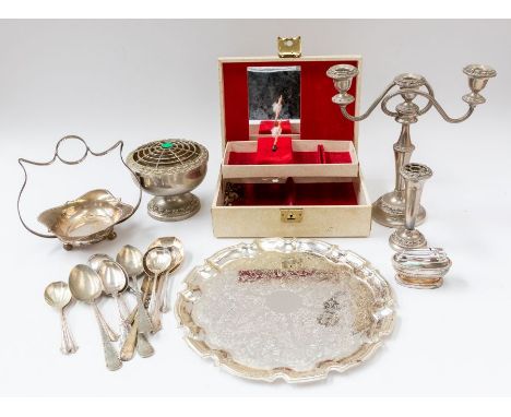 A collection of silver plated items to include candelabra, trays, flatware etc.
