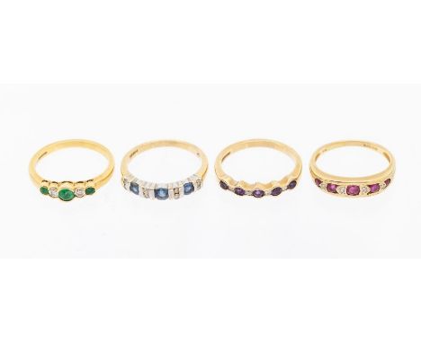 A collection of three 9ct gold half eternity rings to include a sapphire and diamond ring, set with three round sapphires and